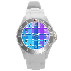 Gingham Pattern Blue Purple Shades Round Plastic Sport Watch (l)