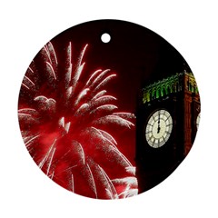 Fireworks Explode Behind The Houses Of Parliament And Big Ben On The River Thames During New Year’s Round Ornament (two Sides) by Sapixe