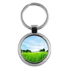 Green Landscape, Green Grass Close Up Blue Sky And White Clouds Key Chains (round)  by Sapixe