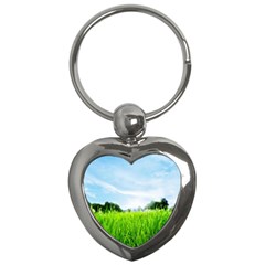 Green Landscape, Green Grass Close Up Blue Sky And White Clouds Key Chains (heart)  by Sapixe