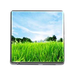 Green Landscape, Green Grass Close Up Blue Sky And White Clouds Memory Card Reader (square)