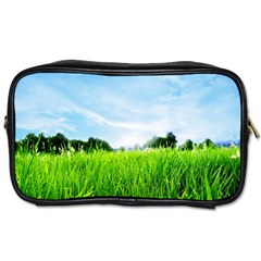 Green Landscape, Green Grass Close Up Blue Sky And White Clouds Toiletries Bags 2-side by Sapixe