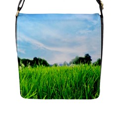 Green Landscape, Green Grass Close Up Blue Sky And White Clouds Flap Messenger Bag (l)  by Sapixe