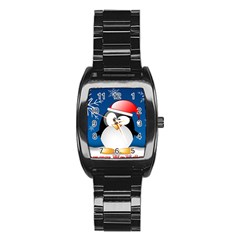 Happy Holidays Christmas Card With Penguin Stainless Steel Barrel Watch