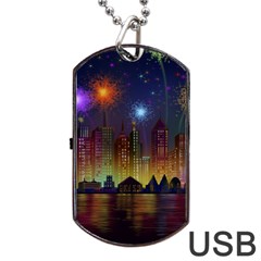 Happy Birthday Independence Day Celebration In New York City Night Fireworks Us Dog Tag Usb Flash (two Sides)