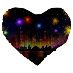 Happy Birthday Independence Day Celebration In New York City Night Fireworks Us Large 19  Premium Heart Shape Cushions by Sapixe