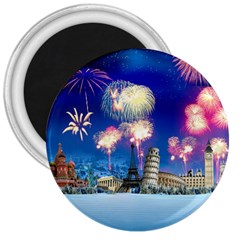 Happy New Year Celebration Of The New Year Landmarks Of The Most Famous Cities Around The World Fire 3  Magnets by Sapixe