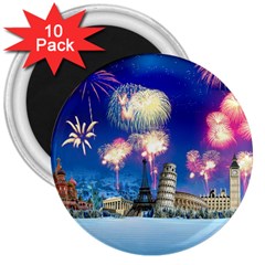 Happy New Year Celebration Of The New Year Landmarks Of The Most Famous Cities Around The World Fire 3  Magnets (10 Pack)  by Sapixe