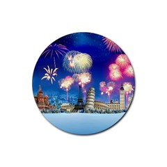 Happy New Year Celebration Of The New Year Landmarks Of The Most Famous Cities Around The World Fire Rubber Coaster (round)  by Sapixe