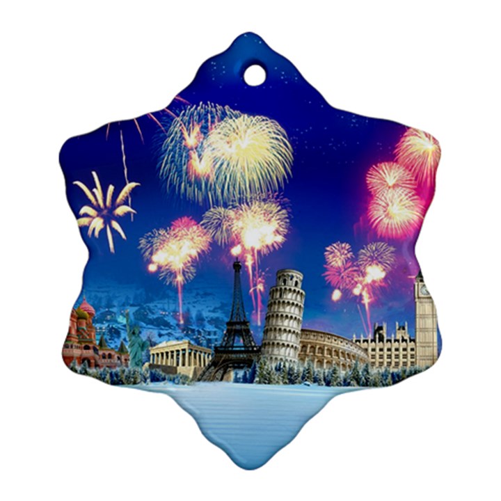 Happy New Year Celebration Of The New Year Landmarks Of The Most Famous Cities Around The World Fire Ornament (Snowflake)