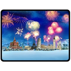 Happy New Year Celebration Of The New Year Landmarks Of The Most Famous Cities Around The World Fire Double Sided Fleece Blanket (large) 