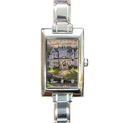 Landscape House River Bridge Swans Art Background Rectangle Italian Charm Watch by Sapixe