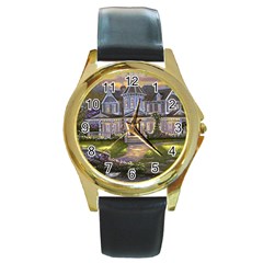 Landscape House River Bridge Swans Art Background Round Gold Metal Watch