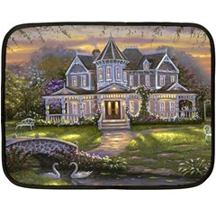 Landscape House River Bridge Swans Art Background Double Sided Fleece Blanket (mini) 