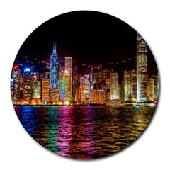 Light Water Cityscapes Night Multicolor Hong Kong Nightlights Round Mousepads by Sapixe