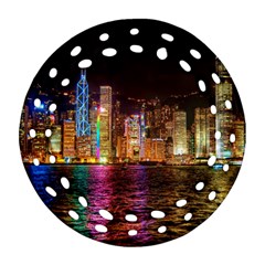 Light Water Cityscapes Night Multicolor Hong Kong Nightlights Round Filigree Ornament (two Sides) by Sapixe