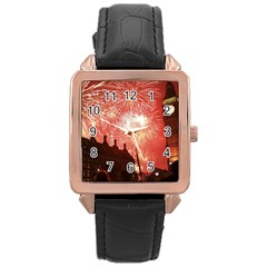 London Celebration New Years Eve Big Ben Clock Fireworks Rose Gold Leather Watch 