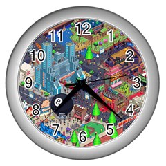 Pixel Art City Wall Clocks (silver) 