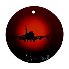 Red Sun Jet Flying Over The City Art Ornament (round)