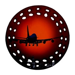 Red Sun Jet Flying Over The City Art Round Filigree Ornament (two Sides) by Sapixe