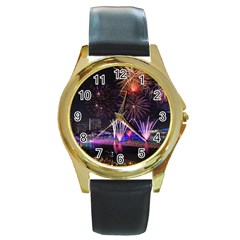 Singapore The Happy New Year Hotel Celebration Laser Light Fireworks Marina Bay Round Gold Metal Watch by Sapixe