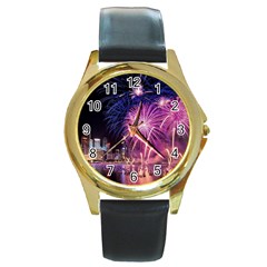 Singapore New Years Eve Holiday Fireworks City At Night Round Gold Metal Watch