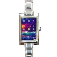 Sunset Orange Sky Dark Cloud Sea Waves Of The Sea, Rocky Mountains Art Rectangle Italian Charm Watch by Sapixe