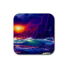 Sunset Orange Sky Dark Cloud Sea Waves Of The Sea, Rocky Mountains Art Rubber Coaster (square) 