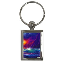 Sunset Orange Sky Dark Cloud Sea Waves Of The Sea, Rocky Mountains Art Key Chains (rectangle)  by Sapixe