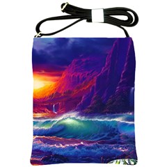 Sunset Orange Sky Dark Cloud Sea Waves Of The Sea, Rocky Mountains Art Shoulder Sling Bags