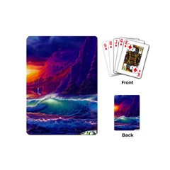 Sunset Orange Sky Dark Cloud Sea Waves Of The Sea, Rocky Mountains Art Playing Cards (mini)  by Sapixe