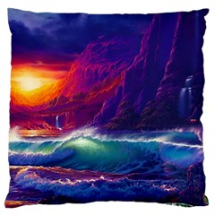 Sunset Orange Sky Dark Cloud Sea Waves Of The Sea, Rocky Mountains Art Standard Flano Cushion Case (two Sides) by Sapixe