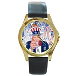 United States Of America Celebration Of Independence Day Uncle Sam Round Gold Metal Watch Front