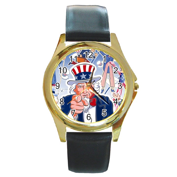 United States Of America Celebration Of Independence Day Uncle Sam Round Gold Metal Watch