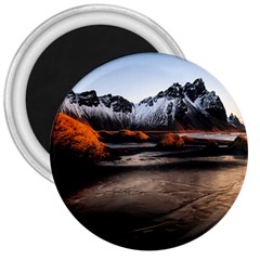 Vestrahorn Iceland Winter Sunrise Landscape Sea Coast Sandy Beach Sea Mountain Peaks With Snow Blue 3  Magnets by Sapixe