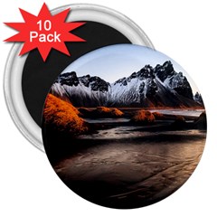 Vestrahorn Iceland Winter Sunrise Landscape Sea Coast Sandy Beach Sea Mountain Peaks With Snow Blue 3  Magnets (10 Pack)  by Sapixe