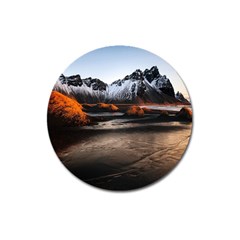 Vestrahorn Iceland Winter Sunrise Landscape Sea Coast Sandy Beach Sea Mountain Peaks With Snow Blue Magnet 3  (round) by Sapixe