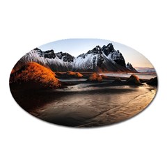 Vestrahorn Iceland Winter Sunrise Landscape Sea Coast Sandy Beach Sea Mountain Peaks With Snow Blue Oval Magnet by Sapixe