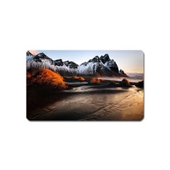 Vestrahorn Iceland Winter Sunrise Landscape Sea Coast Sandy Beach Sea Mountain Peaks With Snow Blue Magnet (name Card) by Sapixe