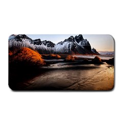 Vestrahorn Iceland Winter Sunrise Landscape Sea Coast Sandy Beach Sea Mountain Peaks With Snow Blue Medium Bar Mats by Sapixe