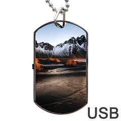 Vestrahorn Iceland Winter Sunrise Landscape Sea Coast Sandy Beach Sea Mountain Peaks With Snow Blue Dog Tag Usb Flash (two Sides)