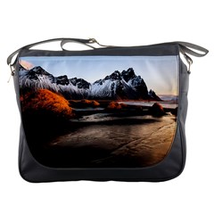 Vestrahorn Iceland Winter Sunrise Landscape Sea Coast Sandy Beach Sea Mountain Peaks With Snow Blue Messenger Bags