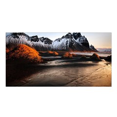 Vestrahorn Iceland Winter Sunrise Landscape Sea Coast Sandy Beach Sea Mountain Peaks With Snow Blue Satin Shawl