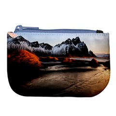 Vestrahorn Iceland Winter Sunrise Landscape Sea Coast Sandy Beach Sea Mountain Peaks With Snow Blue Large Coin Purse by Sapixe