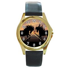 Horses Sunset Photoshop Graphics Round Gold Metal Watch