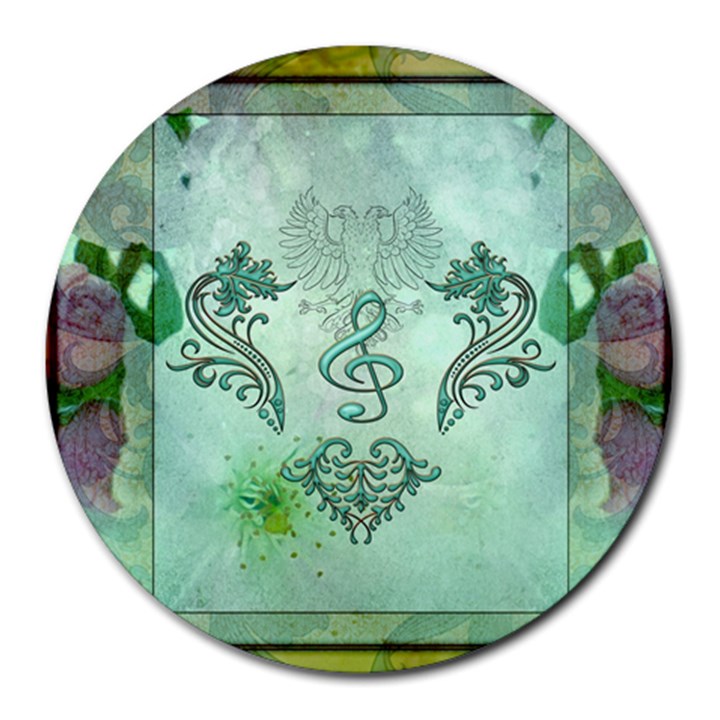 Music, Decorative Clef With Floral Elements Round Mousepads