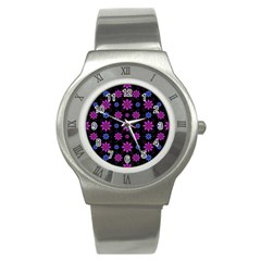 Stylized Dark Floral Pattern Stainless Steel Watch by dflcprints