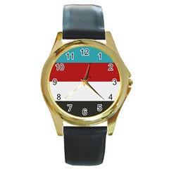 Dark Turquoise Deep Red Gray Elegant Striped Pattern Round Gold Metal Watch by yoursparklingshop