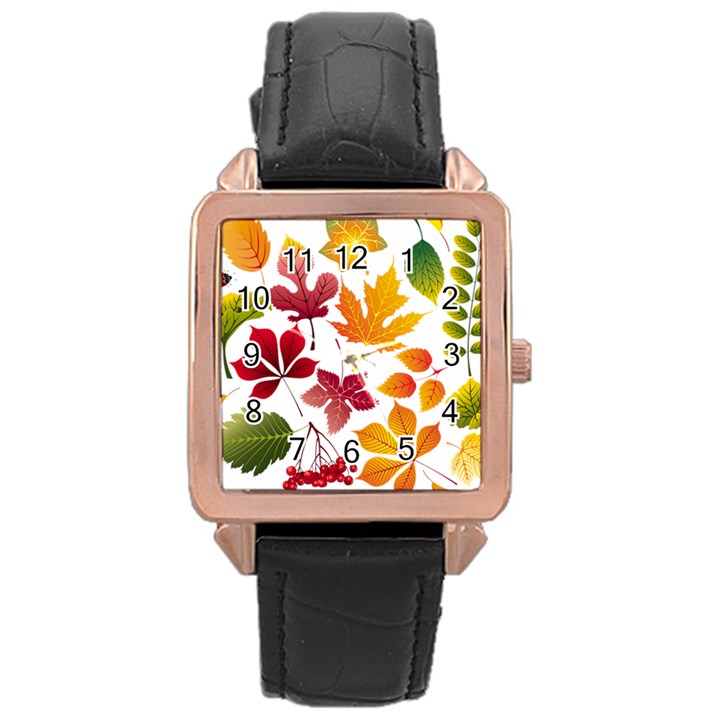 Beautiful Autumn Leaves Vector Rose Gold Leather Watch 