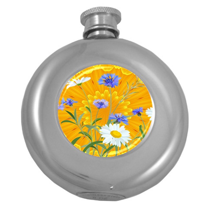 Flowers Daisy Floral Yellow Blue Round Hip Flask (5 oz)